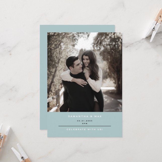 Simple Couple Photo Winter Ice Blue Contemporary  Invitation (Front/Back In Situ)