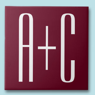 Simple Couples Initials   White & Burgundy Ceramic Tile