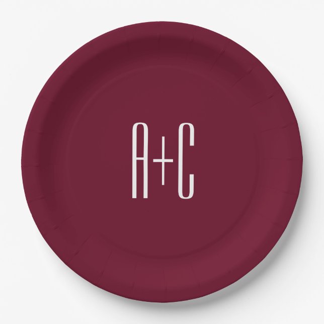 Simple Couples Initials | White & Burgundy Paper Plate (Front)
