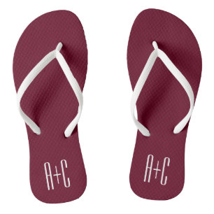 Simple Couples Initials   White & Burgundy Thongs
