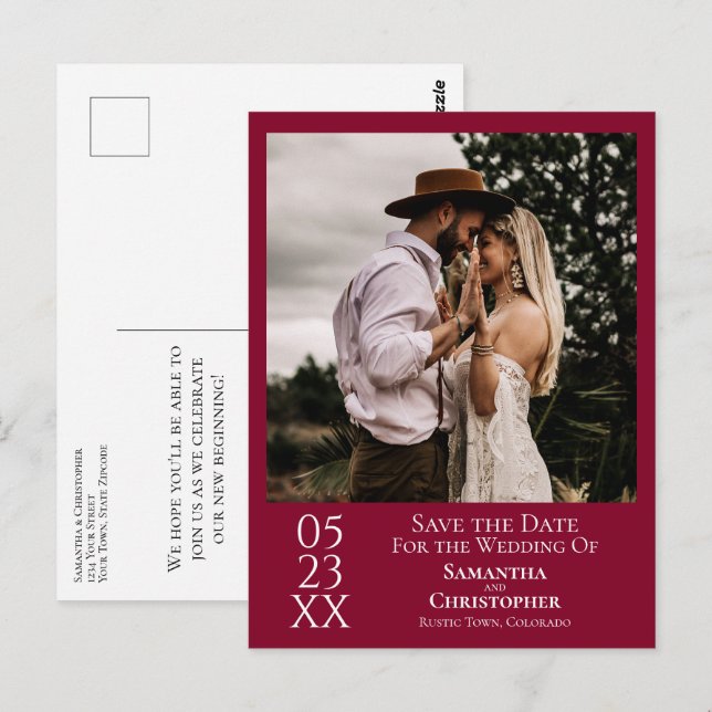 Simple Cranberry Red Wedding Save the Date Photo Postcard (Front/Back)
