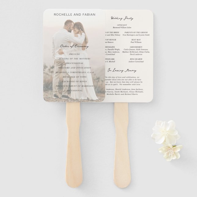 Simple Cream Elegant Wedding Program Hand Fan (Front and Back)