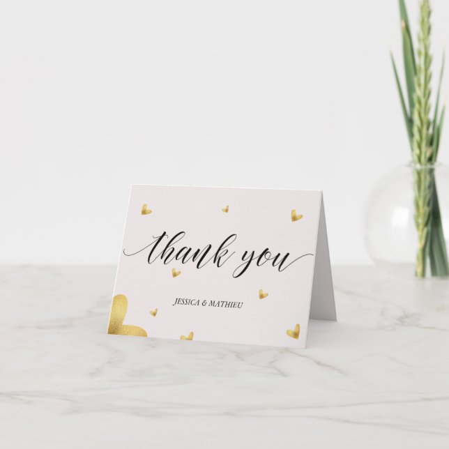 Simple cream Golden heart wedding Thank You Card (Front)