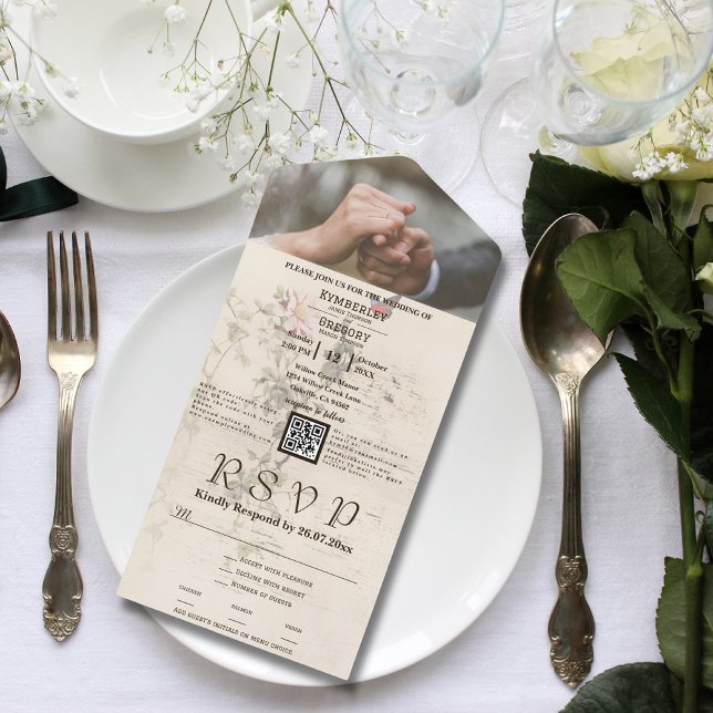 Simple Cream  Ivory Floral Butterfly QR Code Photo All In One Invitation (Creator Uploaded)