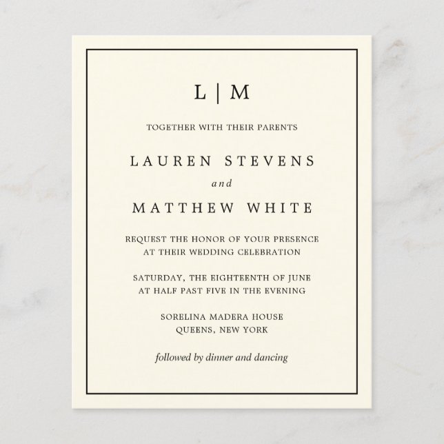 Simple Cream Monogram Budget Wedding Invite (Front)