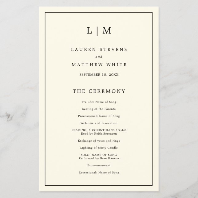 Simple Cream Monogram Elegant Wedding Program Flyer (Front)
