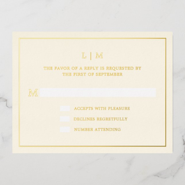 Simple Cream Monogram Elegant Wedding RSVP Foil Invitation Postcard (Front)