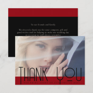 Simple Crimson Red Black Wedding Thank You Photo Card