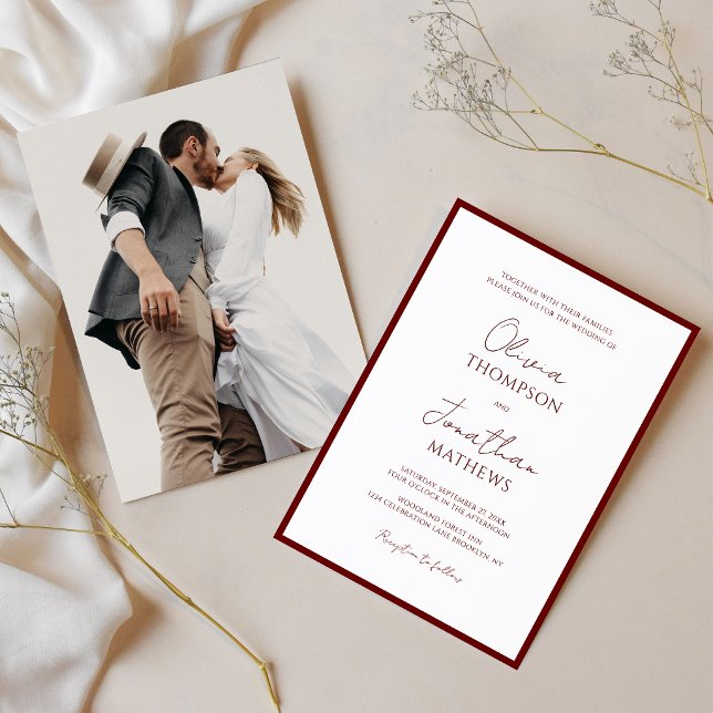 Simple Crimson Red Border Script Photo Wedding Invitation (Creator Uploaded)