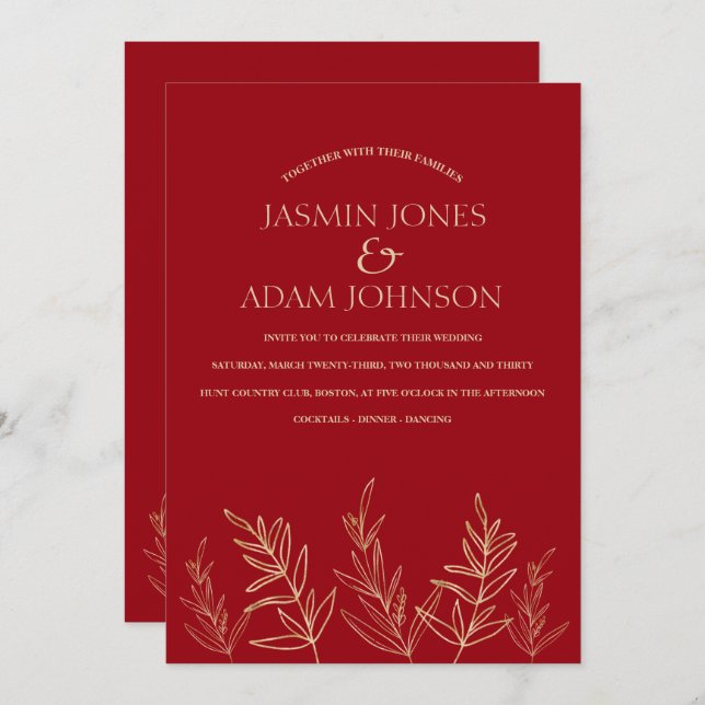 Simple Crimson Red Gold Leaves Wedding Invitation (Front/Back)