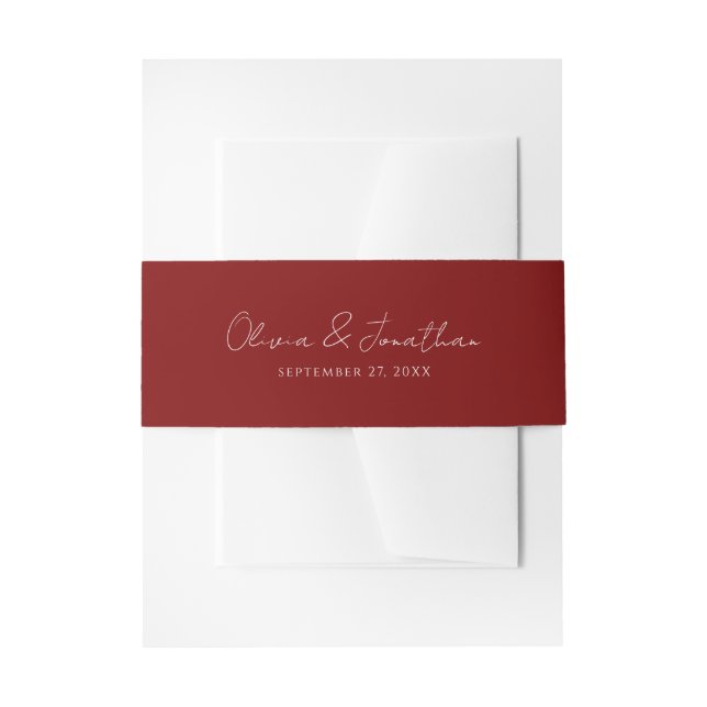 Simple Crimson Red Handwritten Script Wedding Invitation Belly Band (Front Example)