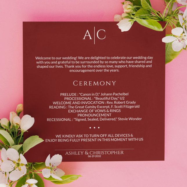 Simple Crimson Red Monogram Wedding Ceremony Program (Creator Uploaded)
