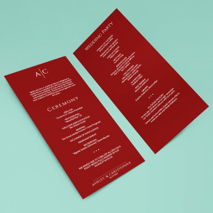 Simple Crimson Red Monogram Wedding Ceremony Program