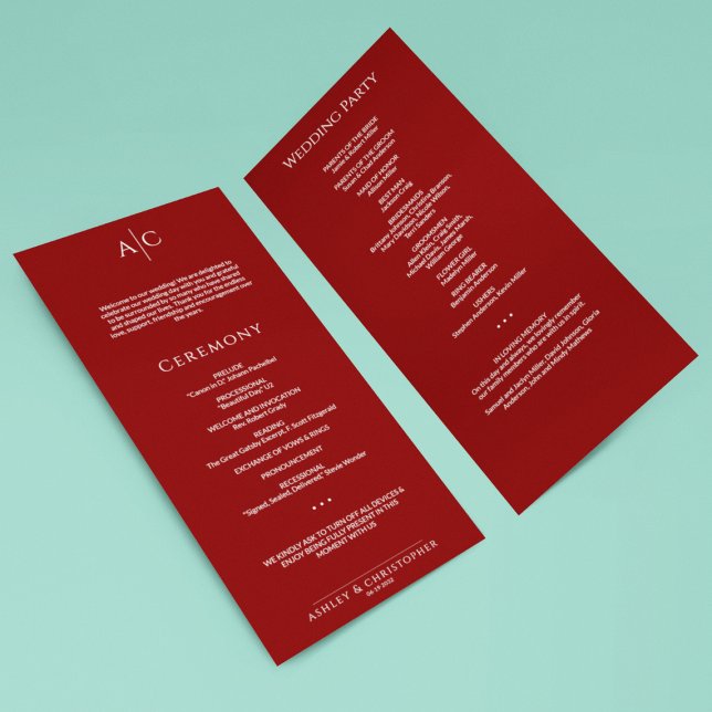 Simple Crimson Red Monogram Wedding Ceremony Program (Creator Uploaded)