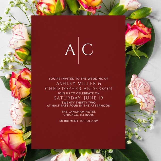 Simple Crimson Red Monogram Wedding Invitation (Creator Uploaded)