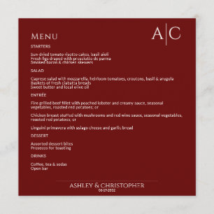 Simple Crimson Red Monogram Wedding Reception Menu