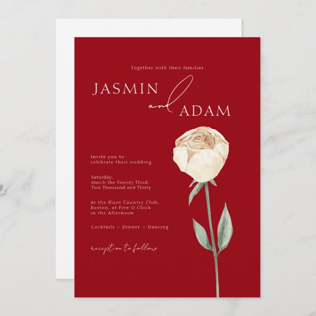 Simple Crimson Red Rose Gold Floral Wedding Invitation (Front/Back)