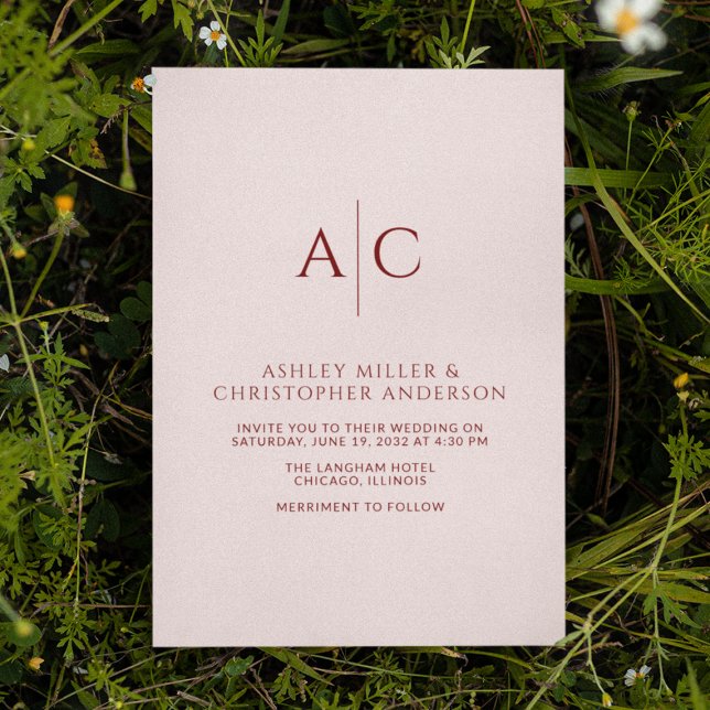 Simple Crimson Red & Rose Monogram Wedding Invitation (Creator Uploaded)