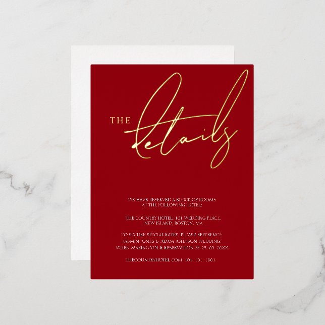 Simple Crimson Red Typography Wedding Details Gold Foil Invitation Postcard (Front/Back)