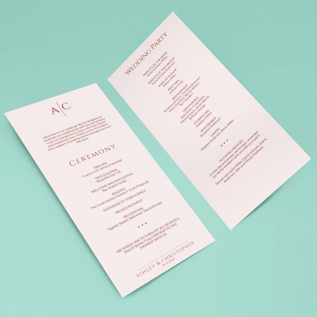 Simple Crimson & Rose Monogram Wedding Ceremony Program (Creator Uploaded)