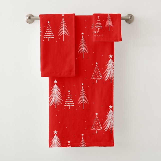 Simple Cristmas Pine Tree | Red Bath Towel Set (Insitu)