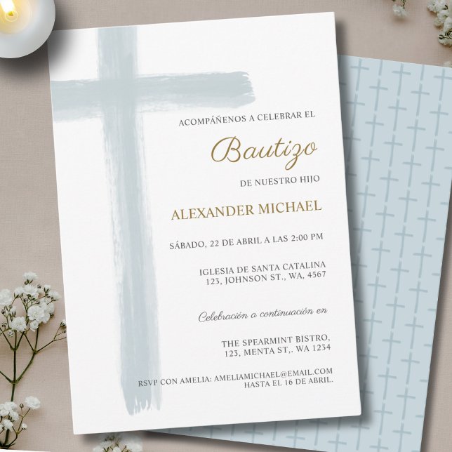 Simple Cross Boy Baptism Bautizo Dusty Blue Invitation (Creator Uploaded)