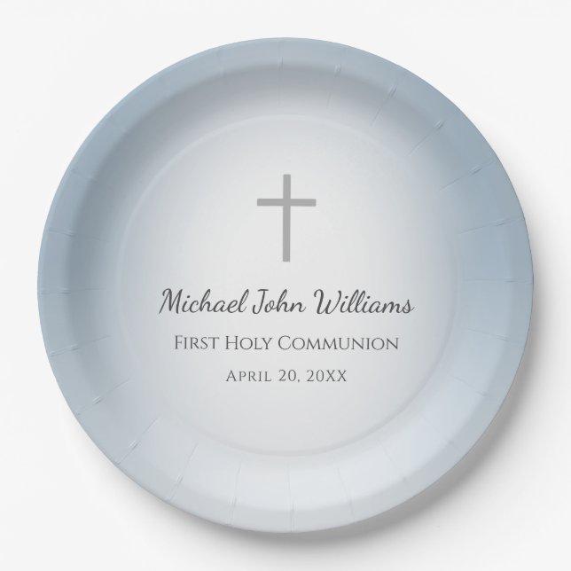 Simple Cross Boys First Communion Celebration Blue Paper Plate (Front)