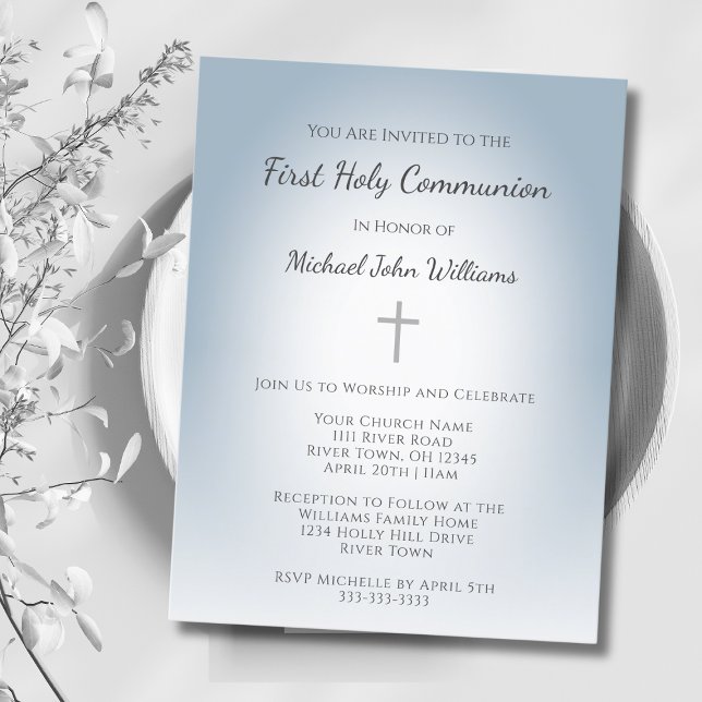 Simple Cross Boys First Communion Dusty Blue  Invitation Postcard (Creator Uploaded)
