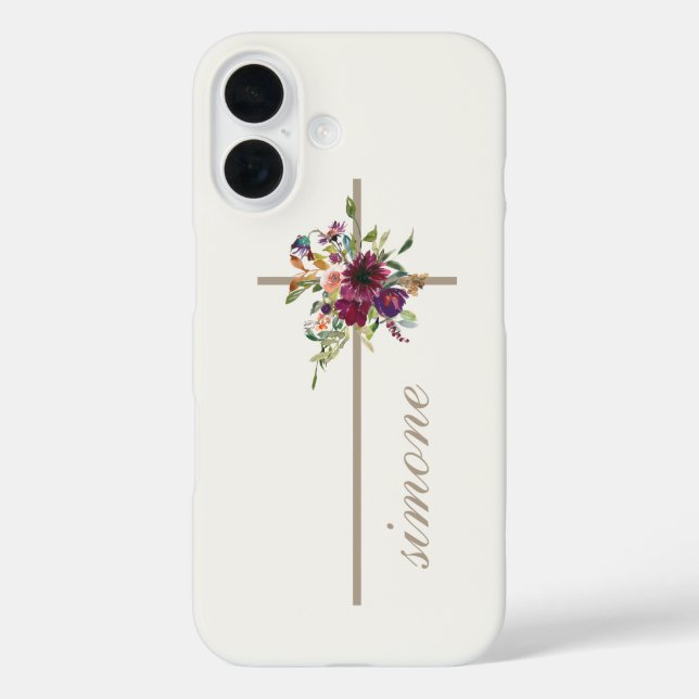 Simple Cross Burgundy Floral Personalised Name Case-Mate iPhone Case (Back)
