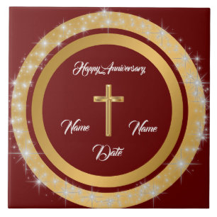 Simple Cross Customise Gold Anniversary Ceramic Tile