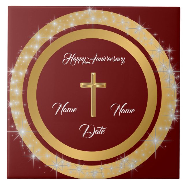 Simple Cross Customise Gold Anniversary Ceramic Tile (Front)