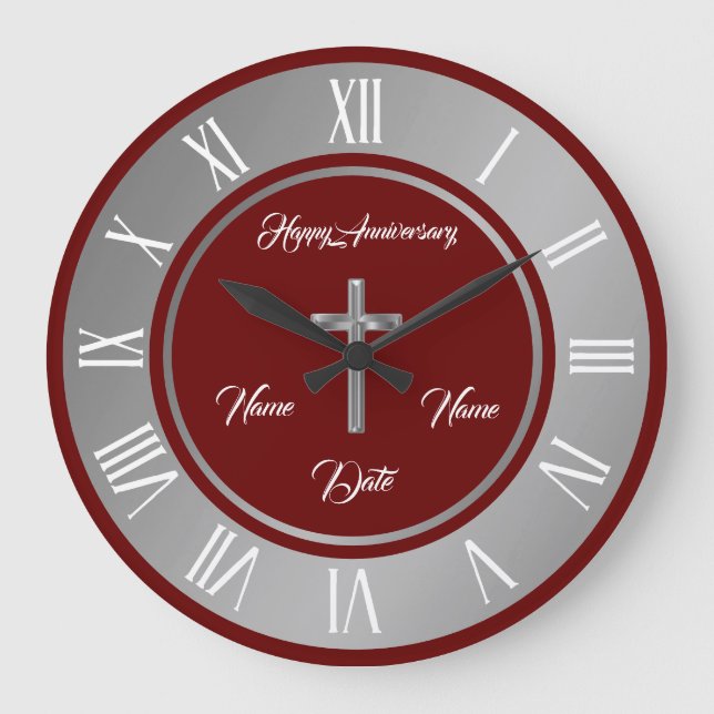 Simple Cross Customise Silver Anniversary Large Clock (Front)