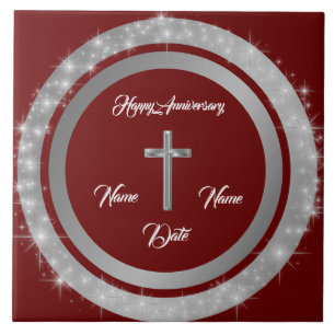 Simple Cross Customize Silver Anniversary Ceramic Tile