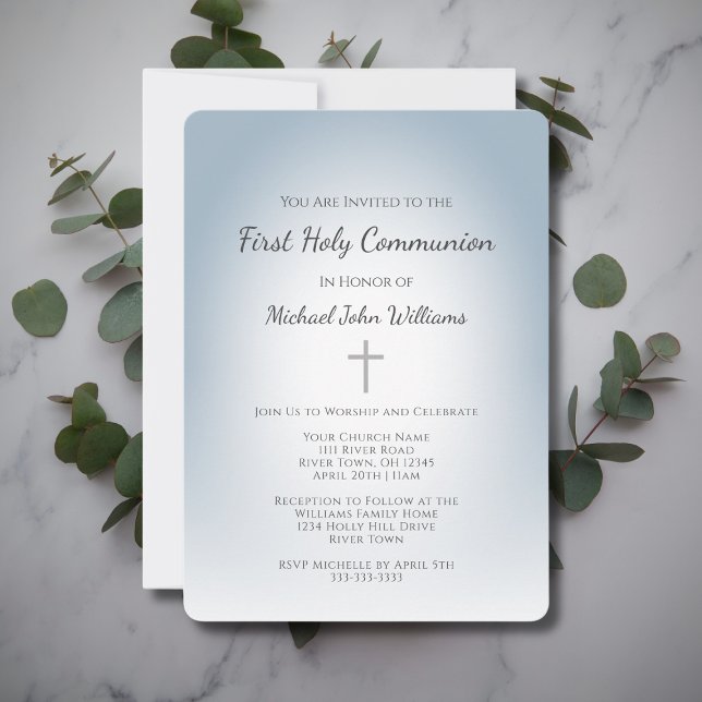 Simple Cross Dusty Blue Boys First Communion  Invitation (Creator Uploaded)