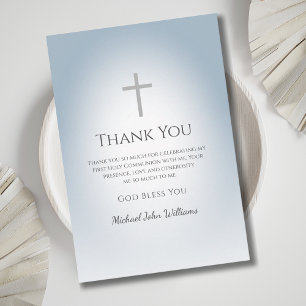 Simple Cross Dusty Blue Boys First Holy Communion Thank You Card