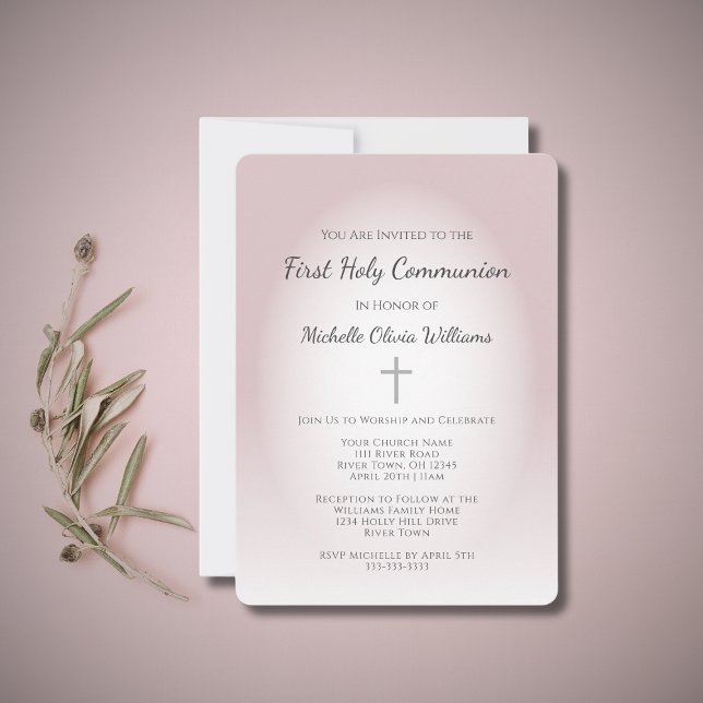 Simple Cross Elegant Rose Gold First Communion  Invitation (Creator Uploaded)