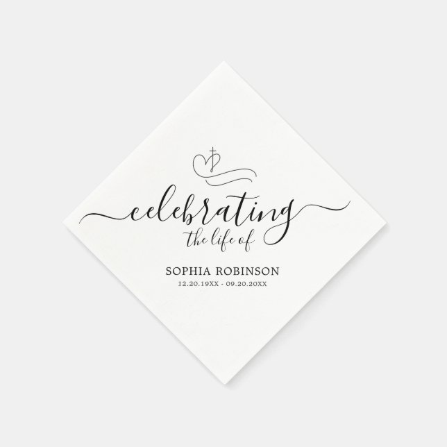 Simple Cross Elegant Script Funeral Memorial Napkin (Corner)