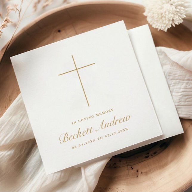 Simple Cross Gold Script Memorial Funeral  Napkin (In lLoving Memory Simple Cross Memorial Funeral Napkin.)