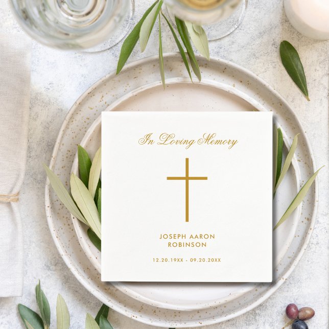 Simple Cross Gold Script Memorial Funeral Napkin (Creator Uploaded)