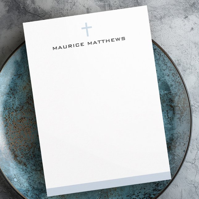 Simple cross masculine name dusty blue border flat card (Simple cross masculine name dusty blue border flat note card)