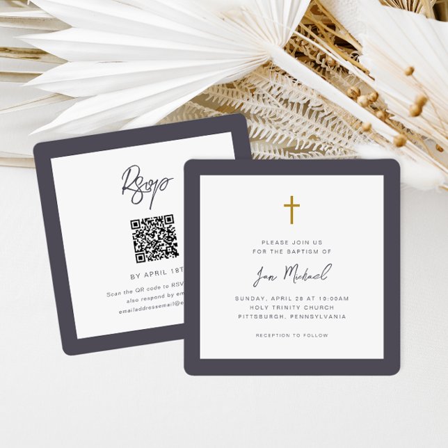 Simple Cross Script QR Code Rsvp Baptism Invitation (Creator Uploaded)