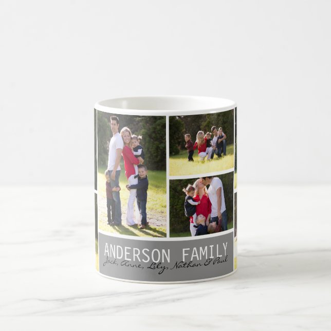 Simple Custom 7 Photo Family Collage Modern Script Coffee Mug (Center)