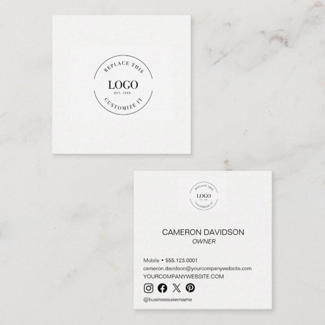 Simple custom Business logo Name title and social  Square Business Card (Front/Back)
