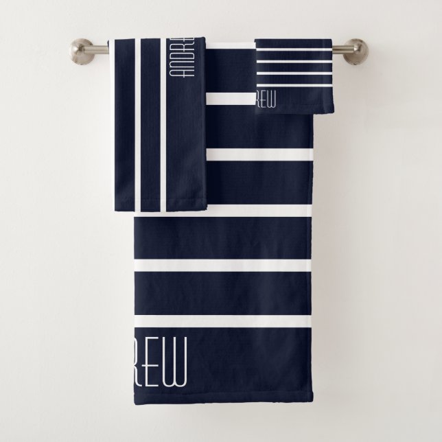 Simple Custom Chic Nautical Striped Weekend Bath Towel Set (Insitu)