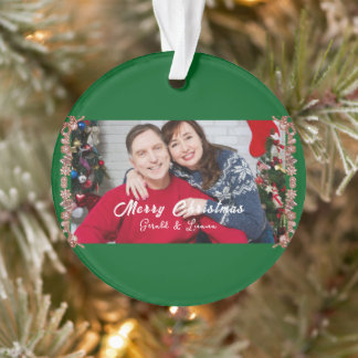 Simple Custom Christmas Couple Photo Green  Ornament