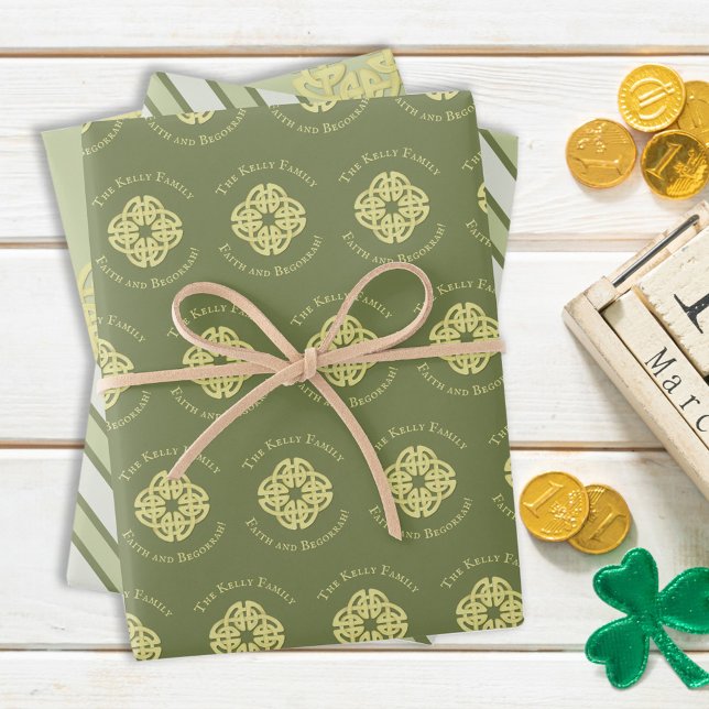 Simple Custom Family Celtic Cross Minimalist Green Wrapping Paper Sheet (Creator Uploaded)