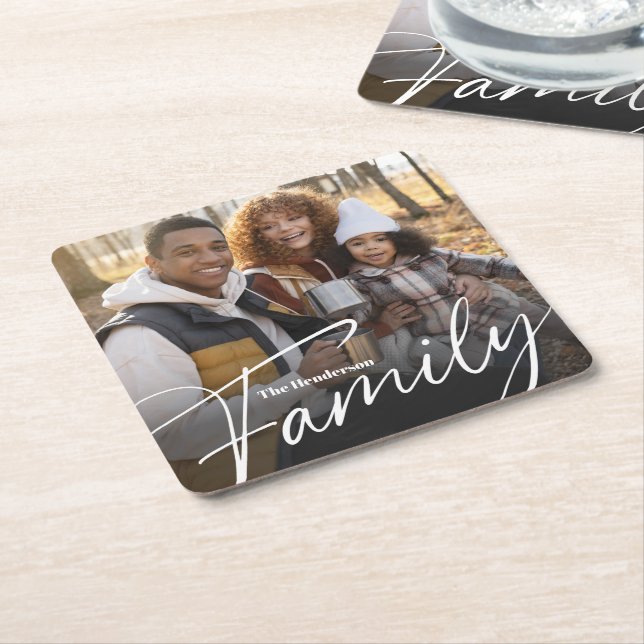 Simple Custom Family Photo Square Paper Coaster (Angled)