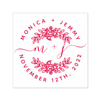 Simple Custom Leaves Initials Script Round Wedding Self-inking Stamp
