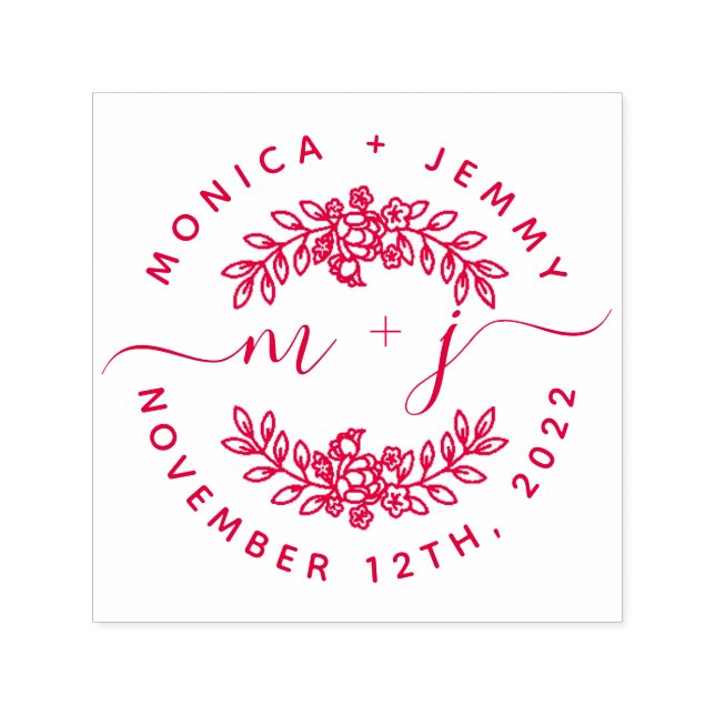 Simple Custom Leaves Initials Script Round Wedding Self-inking Stamp (Design)