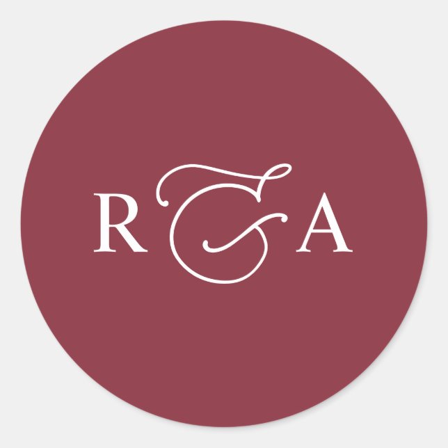 Simple Custom Monogram Burgundy Personalised Classic Round Sticker (Front)
